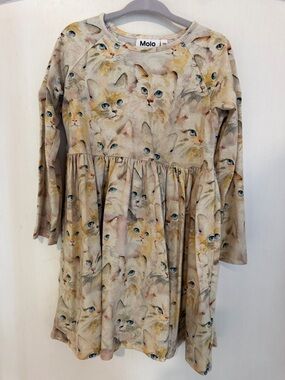 Molo Beige Cat Watercolor Long-Sleeve Dress